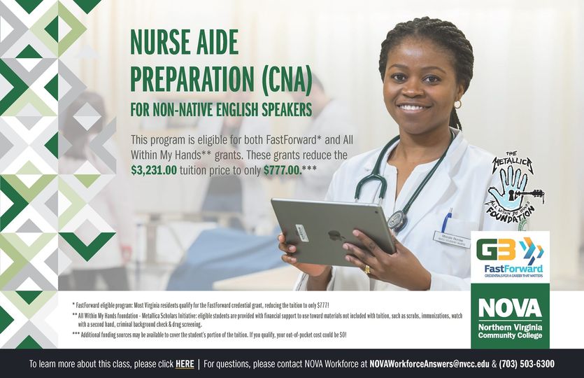 NOVAWorkforce's tweet photo. Do you speak a language other than English and want to be a Certified Nurse Aide (CNA)? NOVA's Nurse Aide Preparation course for Non-Native English Speakers combines CNA training with English language support.

Learn more &amp; Register Today >> https://t.co/99jXIkVgh2
 
#AWMH #G3 https://t.co/s1XV55hH76