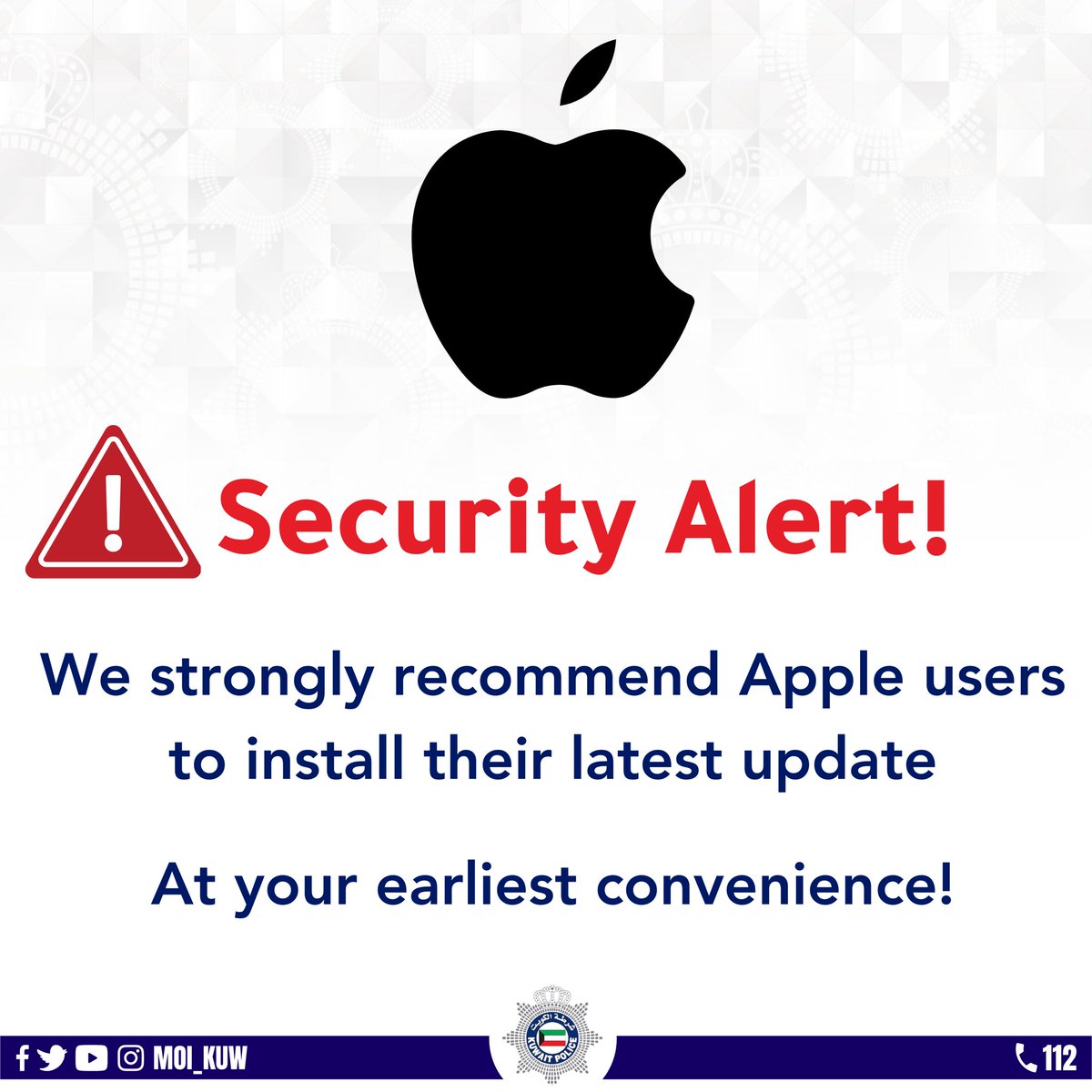 Moi_kuw's tweet photo. #Security_Alert

We strongly recommend Apple users to install their latest update at your earliest convenience https://t.co/Ajl6tZc1qM