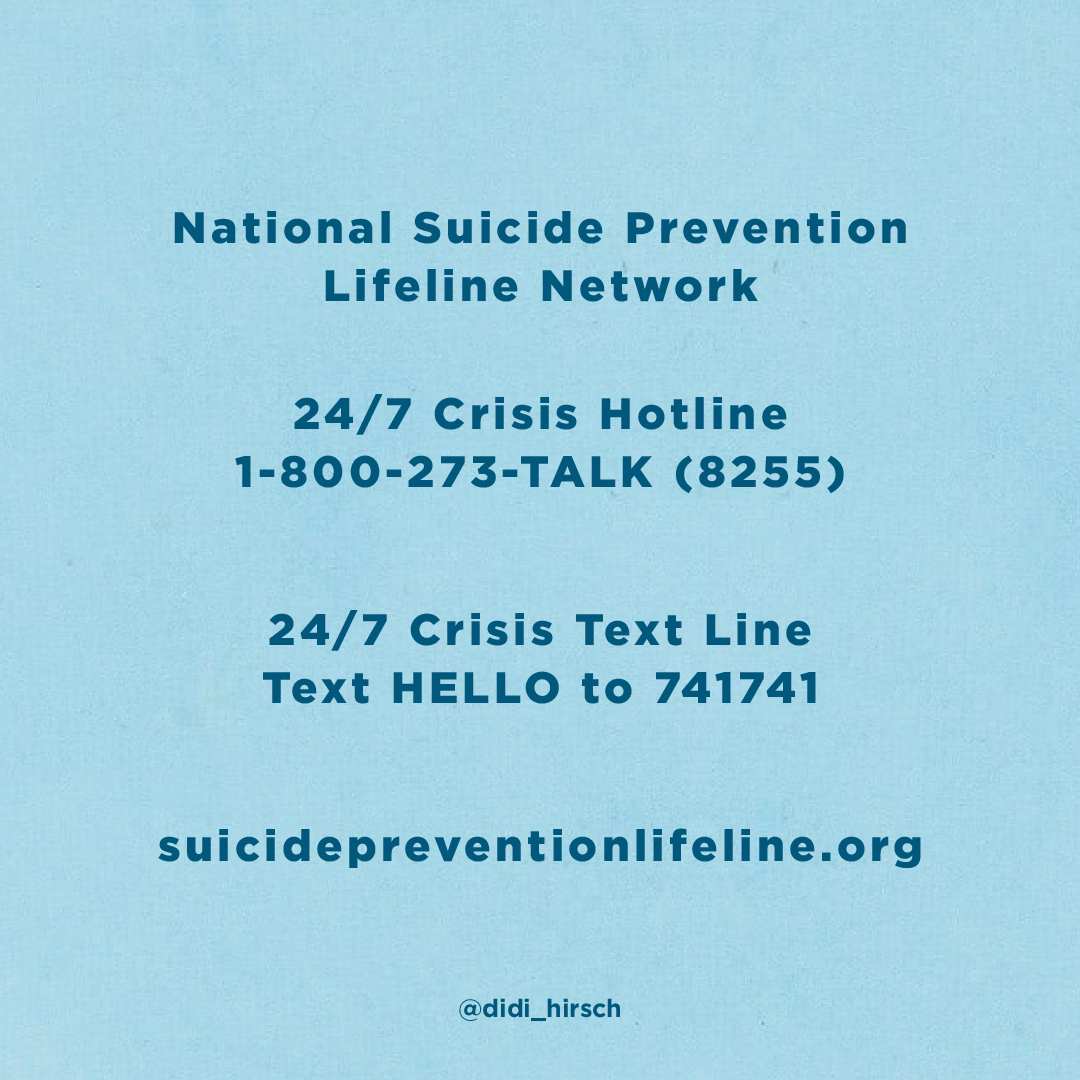 DidiHirsch's tweet image. Sometimes people just need to know who to turn to. Here are 4 suicide prevention centers and hotlines to know.  

Share to save a life! We&apos;re in this together ✨