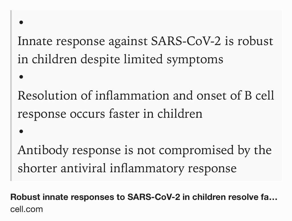 Text Shot: •
Innate response against SARS-CoV-2 is robust in children despite limited symptoms
•
Resolution of inflammation and onset of B cell response occurs faster in children
•
Antibody response is not compromised by the shorter antiviral inflammatory response