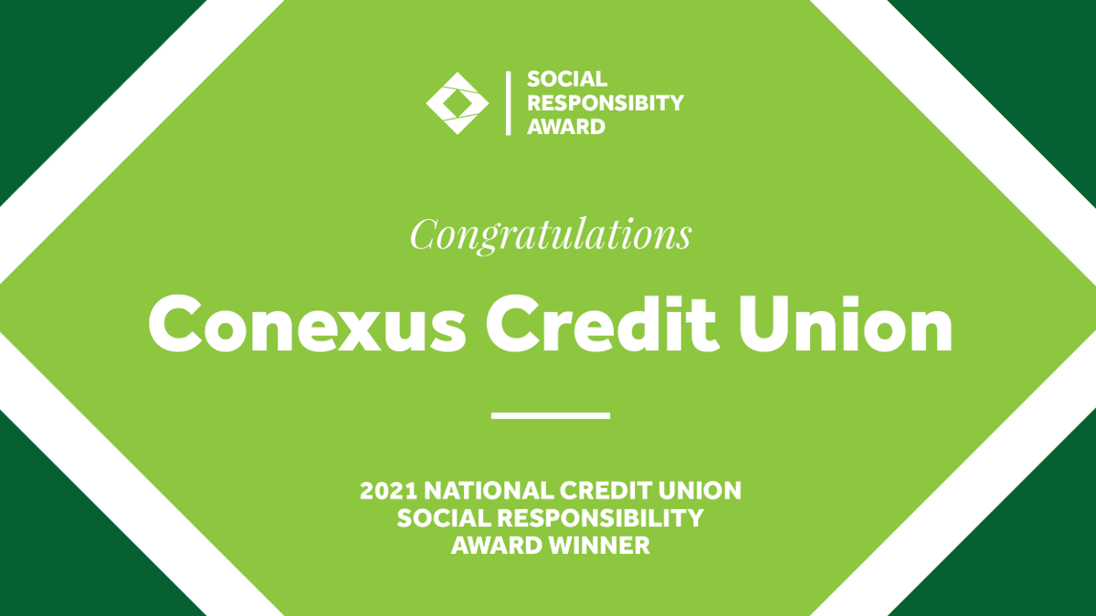 Congratulations to <a href="/Conexus_CU/">Conexus Credit Union</a> for also winning the 2021 National Credit Union Social Responsibility Award for Conexus Kindness Capital Fund! The fund encouraged a "return on kindness" to businesses &amp; individuals who supported their community as a result of COVID-19. #IMPACT2021