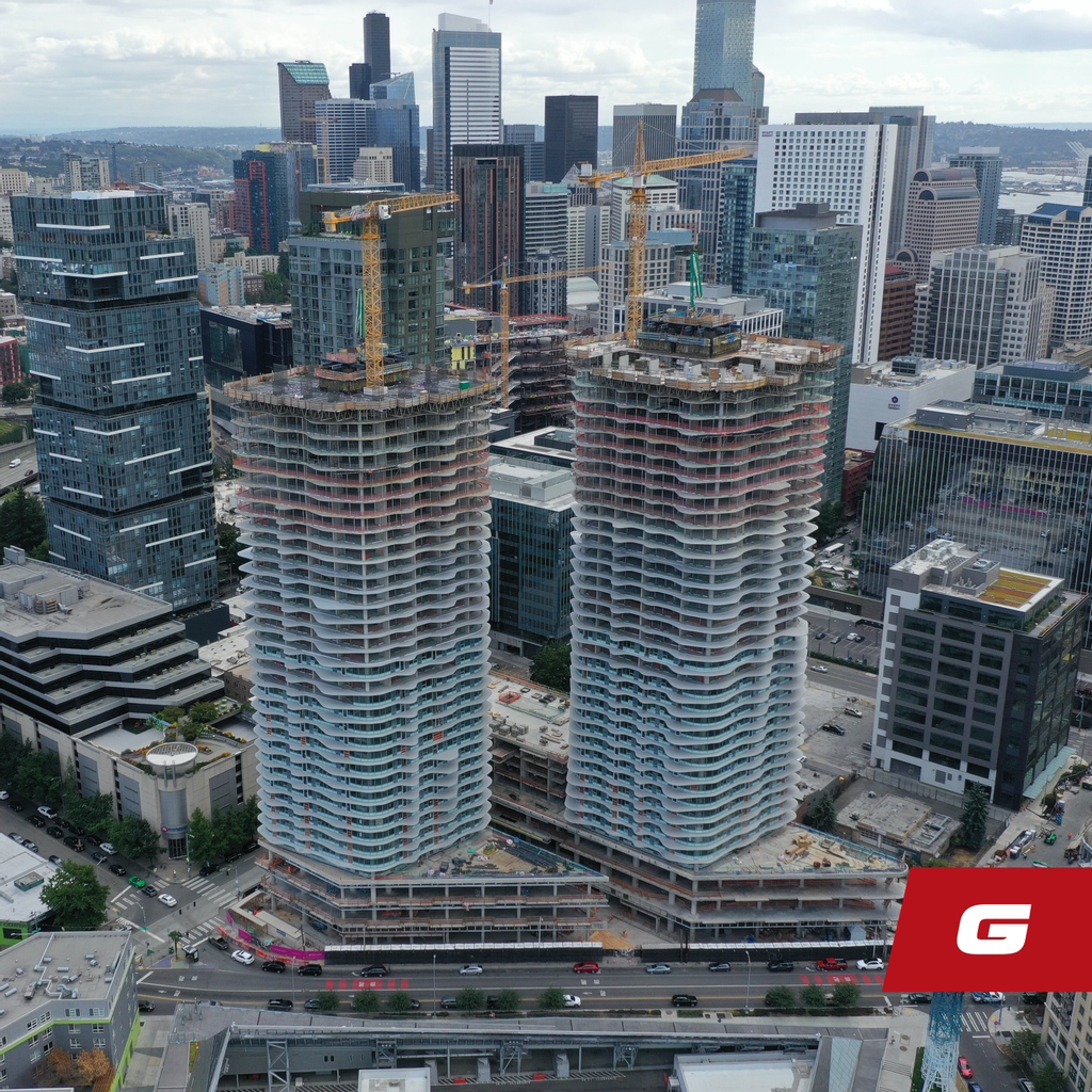 GrahamBuilds's tweet image. 1200 Stewart in Seattle’s Denny Triangle Urban Center Village is getting close to the top! ⬆️ 🙌🏻 Level 37 on the East tower has been placed and Level 39 on the West tower. 

#BuildingTogether #ProjectUpdate #WhatWeBuild #HighRises #Apartment #Tower #GrahamBuilds