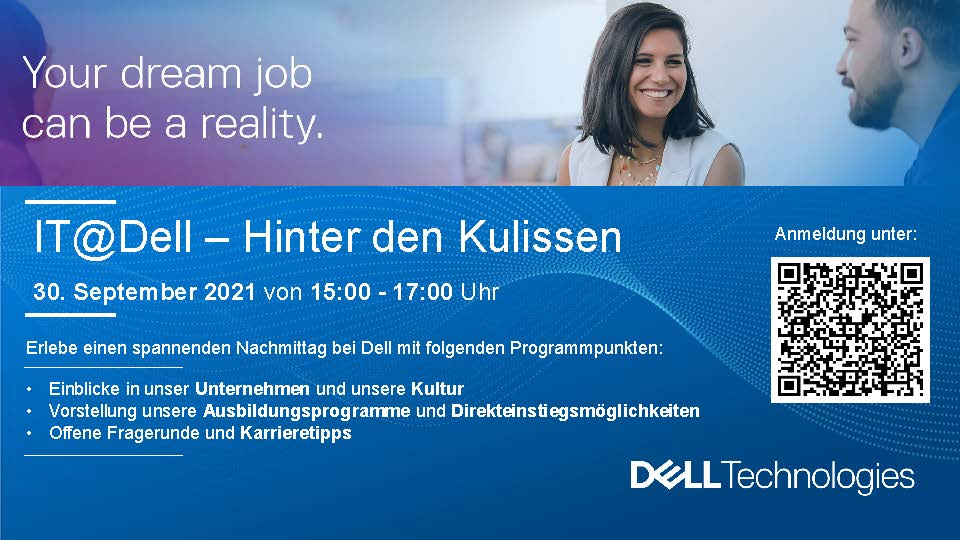 Am 30.9. wartet ein spannender Nachmittag mit <a href="/DellTechDE/">Dell Technologies Deutschland</a>: zum Kennenlernen von Unternehmen und Kultur, Vorstellung der Ausbildungsprogramme und Direkteinstiegsmöglichkeiten, Fragerunde und Karrieretipps. bit.ly/3tJj88R #Iwork4Dell