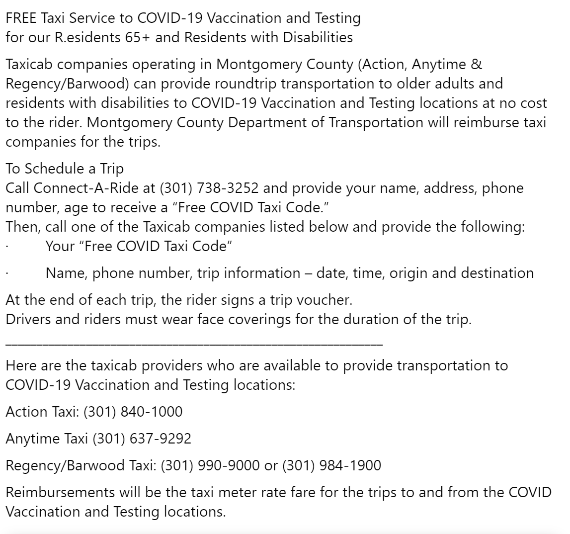 RicePolitics's tweet photo. .@ricepolitics Breaking News: Montgomery County Department of Transportation Please Share! #GoVaxMontgomery #gettestedtoknowyourstatus
FREE Taxi Service to COVID-19 Vaccination and Testing
for our Residents 65+ and Residents with Disabilities https://t.co/8hxFWqvKCn