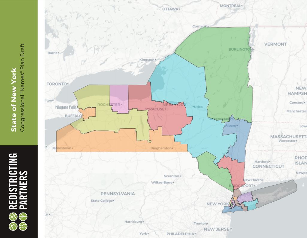 Here are the Democrat and Republican backed redistricting draft maps for NYS Congressional seats: 

Left picture is the Democrat approved map and the right is the Republican approved map