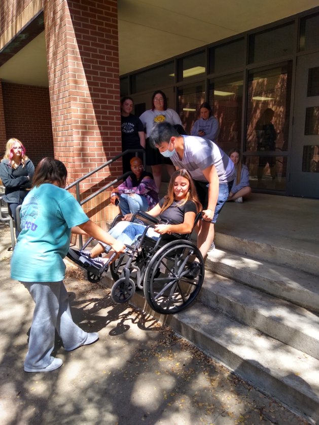 It was a wonderful day to learn how to transport a wheelchair bound patient up and down a curb and up and down a stairway! <a href="/burleson_cte/">Burleson ISD CTE</a>