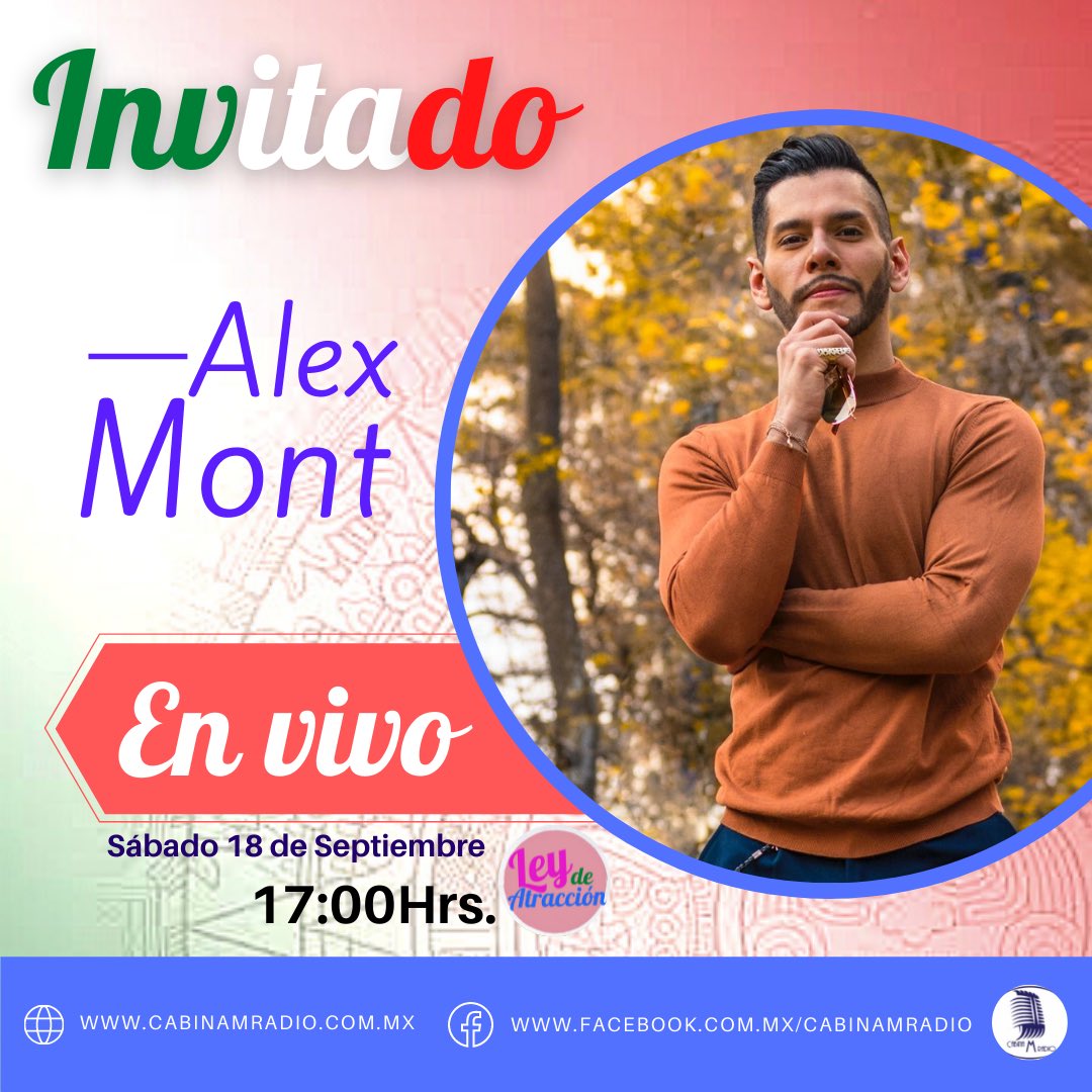 leyatraccionmx's tweet photo. No te pierdas este sábado 18 de septiembre al cantante, actor y conductor @alexmontam a las 5 de la tarde a través de la señal vía streaming en https://t.co/vsgJob8x6c, el Facebook y la app gratuita de @cabinamradio.🎙
.
.
.
#alexmont #alexmontymerengossa #merengossa #latinmusic https://t.co/VfgaW1zgLE