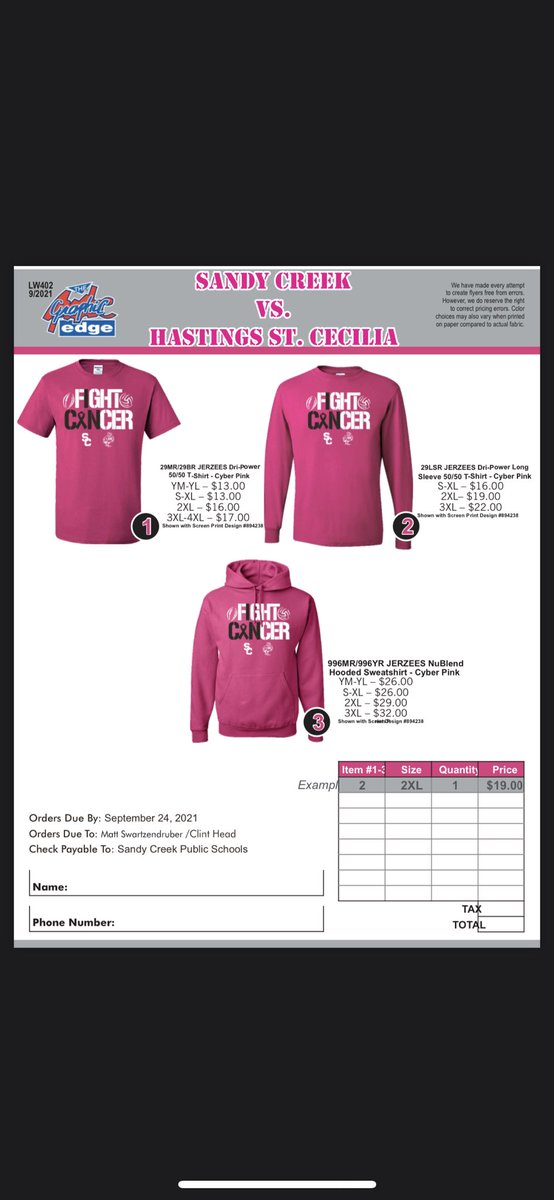 Sandy Creek vs. Hastings St. Cecilia pink out shirt order forms are now available! Please have your form and money turned in by September 24th! 

Go Cougars!