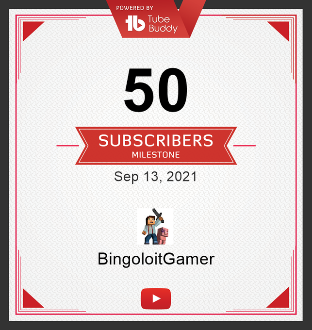 My minecraft channel has reached 50 Subscribers! Thank you to the 50 people who are true #Bingoloits<a href="/tag/bingoloits"class="tags"><span>#bingoloits</span></a>