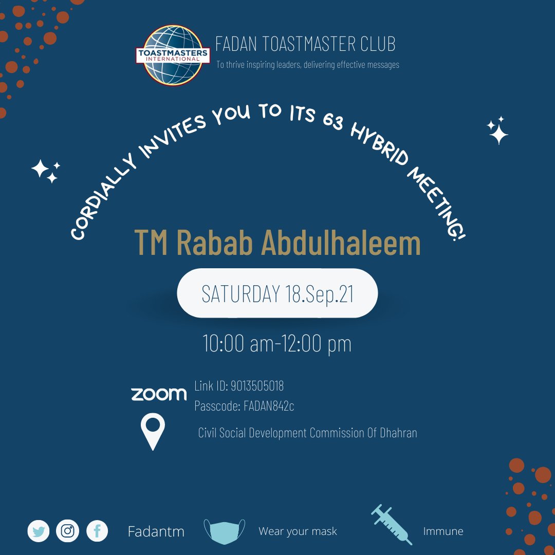 fadantm's tweet photo. Fadan TMC is happily inviting you to its 63 hybrid meeting 🤩

When: Saturday  18 Sep 2021, 10:00 am 🌞🎙

On-site location 📍
https://t.co/LXItwMziMk

Zoom link 
https://t.co/gUUDLNkbj2
Meeting ID: 901 350 5018
Passcode: FADAN842c

See U there 🥰

 #publicspeaking #toastmasters https://t.co/kizCKCYzWT