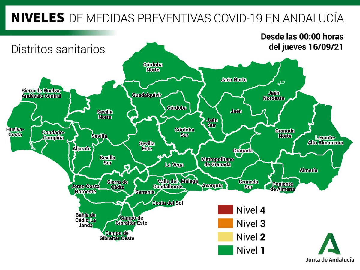 🔎🗺 Este es el mapa de #Andalucía de niveles preventivos por distritos sanitarios.

🟢 Toda #Andalucía pasa a nivel 1️⃣

🖱 Para información más detallada consulta la web
➡ mapacovid.es ✅

Cuida de ti
Cuida de todos
Cuida de Andalucía 💚