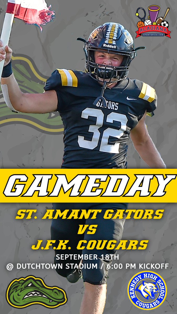stamantfootball's tweet photo. **GAMEDAY ALERT**  THIS SATURDAY NIGHT AT DUTCHTOWN STADIUM THE GATORS HOST THE JFK COUGARS.   KICKOFF AT 6:00 PM.   COME OUT AND SHOW YOUR SUPPORT FOR THE GATOR NATION!! https://t.co/jc4hCrrvYu