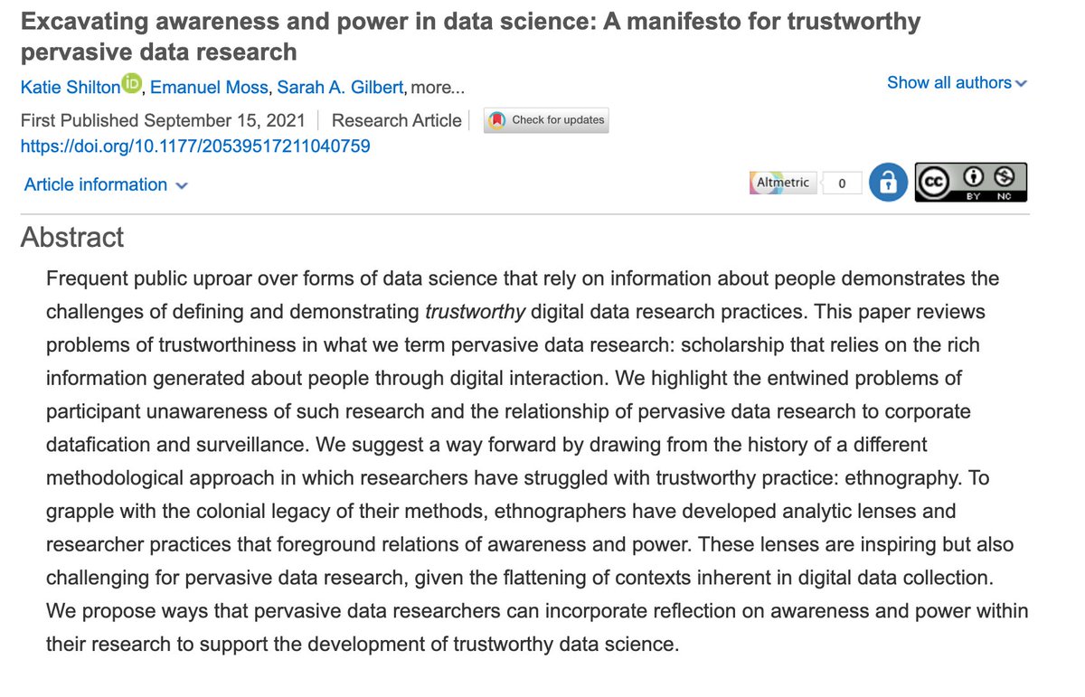 Following four years of empirical work on research ethics for public data, our (@pervade_team) manifesto  for trustworthy pervasive data research--foregrounding power dynamics and learning from ethnographers--published in @BigDataSoc.    journals.sagepub.com/doi/10.1177/20…