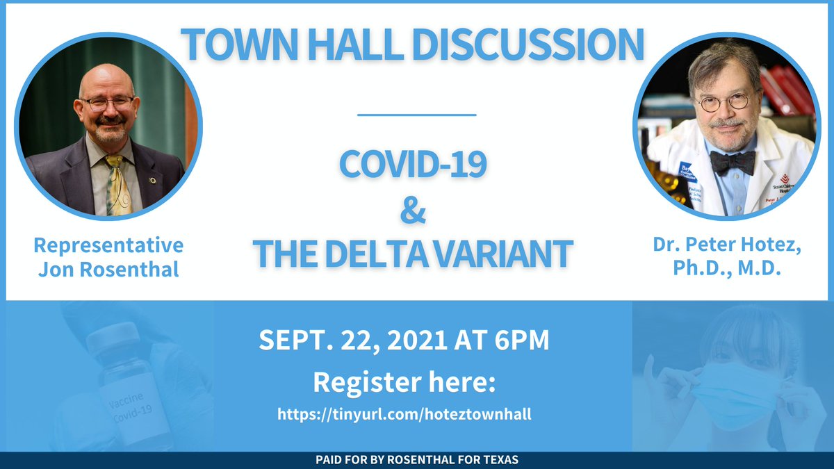 Join us next Wednesday 9/22 for a special Town Hall event with Dr. @PeterHotez! I'm super excited to learn from an expert about the latest on Covid-19 and the emerging variants. To join us go to: tinyurl.com/hoteztownhall