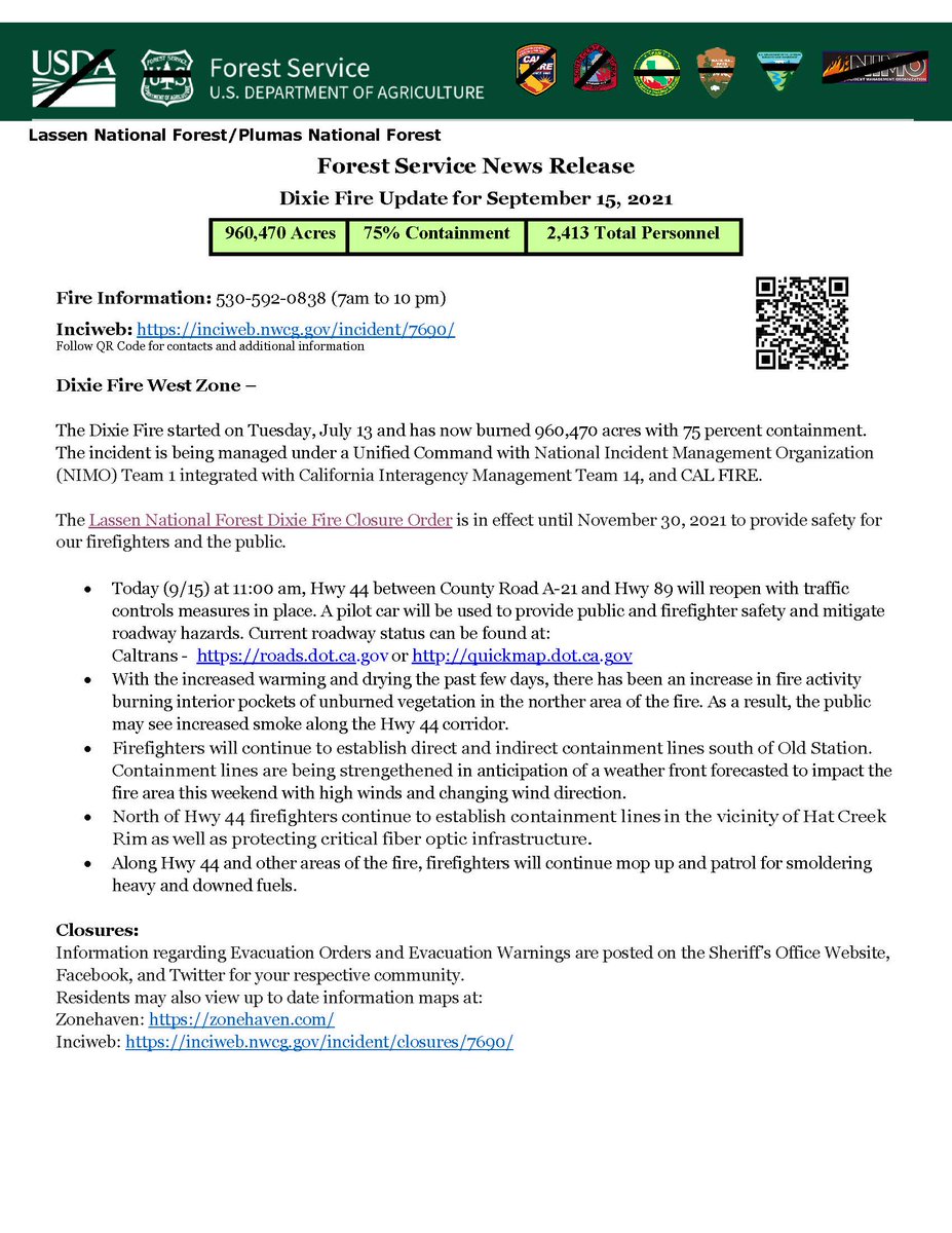 The #DixieFire is now 960,470 acres &amp; 75% contained. CAL FIRE Incident Management Team 1 has transitioned off the Dixie Fire. Unified Command: National Incident Management Organization (NIMO) Team 1 integrated with CA IMT 14 and CAL FIRE. fire.ca.gov/incidents/2021…