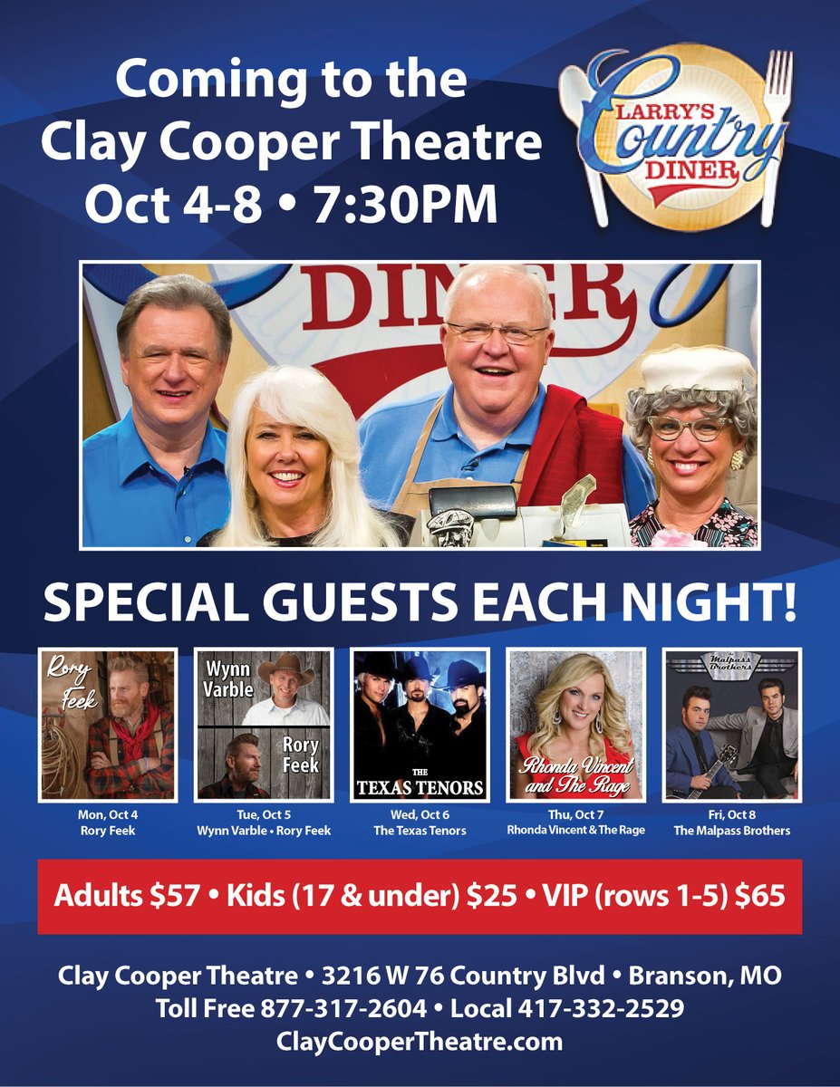 joeyandrory's tweet image. Branson folks, Rory is headed your way! Join him alongside the Larry&apos;s Country Diner family with artists Wynn Varble, The Texas Tenors, @RhondaVincent13, and the @Malpassbrothers. It will be a fun week of music and stories at the @CCooperTheatre.