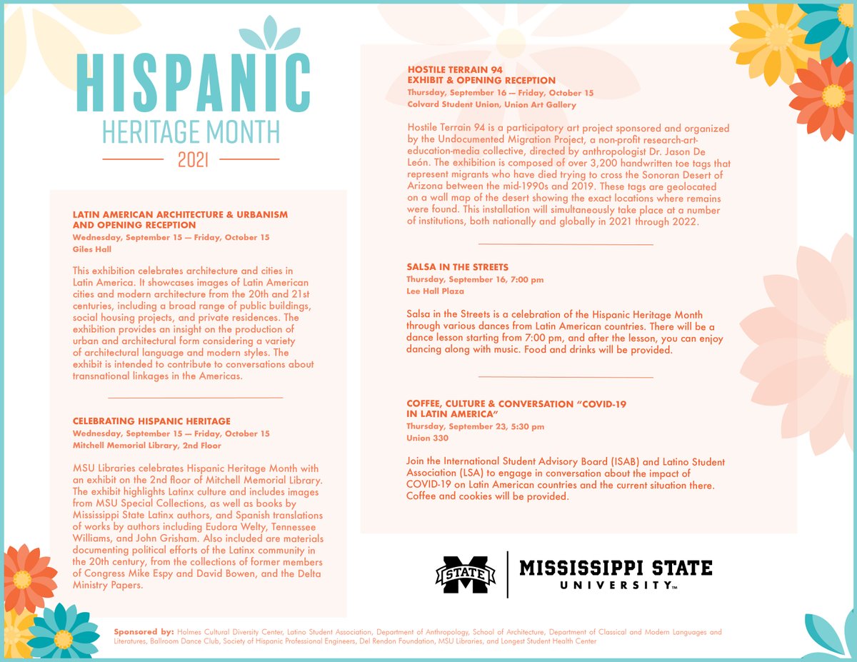 We're excited to kick off Hispanic Heritage Month! Stay tuned to learn more about upcoming events happening over the next few weeks. Remember that Salsa in the Streets has been postponed and a later date will be announced soon. #HHM2021 #HailState