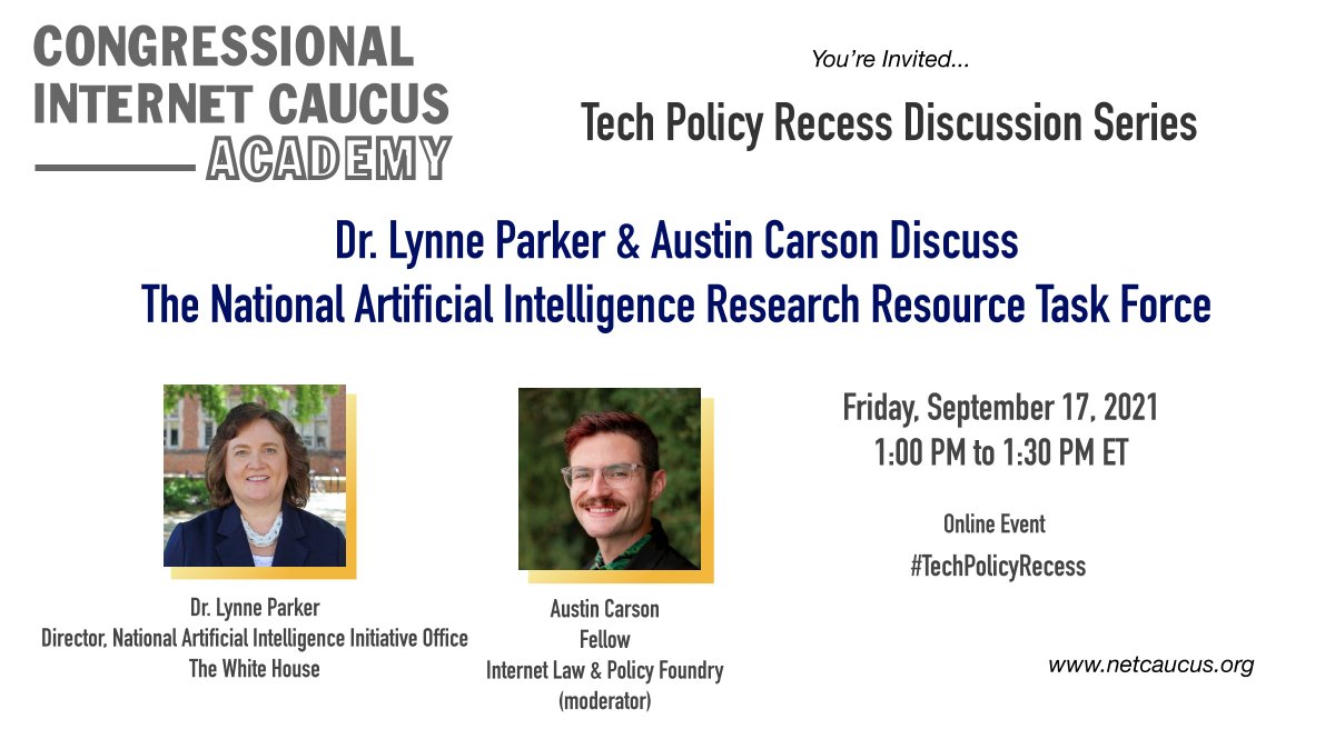 NetCaucusAC's tweet photo. Dr. Lynne Parker @WHOSTP talks about #artificialintelligence with @ILPFoundry fellow @austincarson at our #TechPolicyRecess discussion Friday 9/17. RSVP now. https://t.co/nDA4hcXarP https://t.co/vzn9AgdOsg