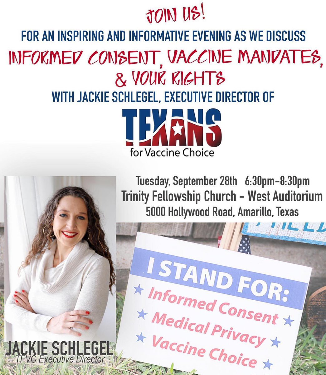 TXforVaxChoice's tweet photo. Join us on Tuesday, September 28th in Amarillo, TX! Our Executive Director @jackieleeschlegel will be discussing informed consent, vaccine mandates, and YOUR rights! #tfvc #thechoiceshouldbeyours https://t.co/NHDrMePcLG