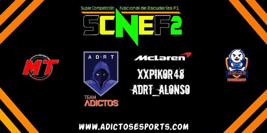 🔥🔥EMPIEZA LA #SCNEF2 de PS4🔥🔥
Nuestra #ADRTAcademy debuta en Silverstone con el McLaren hoy a las 22:00!!
Nos representarán: <a href="/XxPikor48/">sergiovazqueez__</a> y <a href="/J_ALONSO_F1/">x</a> 

#VamosAdictos #TeamAdictos
<a href="/OrGamingTn/">OrGaming</a> <a href="/MotorTimeES/">MotorTimeES FirestoneGP🇺🇸</a>