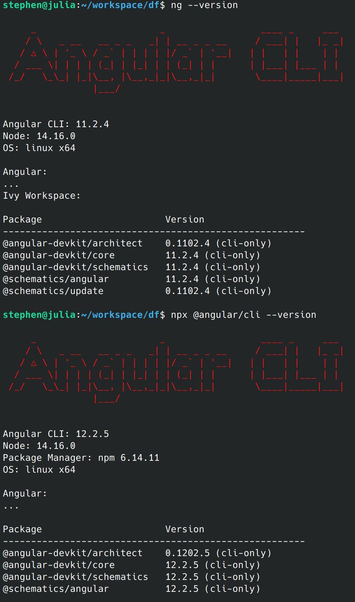 stephenfluin's tweet image. #Angular tip of the day:

Instead of `ng new &amp;lt;my-project&amp;gt;` you should always `npx @angular/cli new &amp;lt;my-project&amp;gt;`. 

This makes sure you always create new projects with the latest angular CLI.