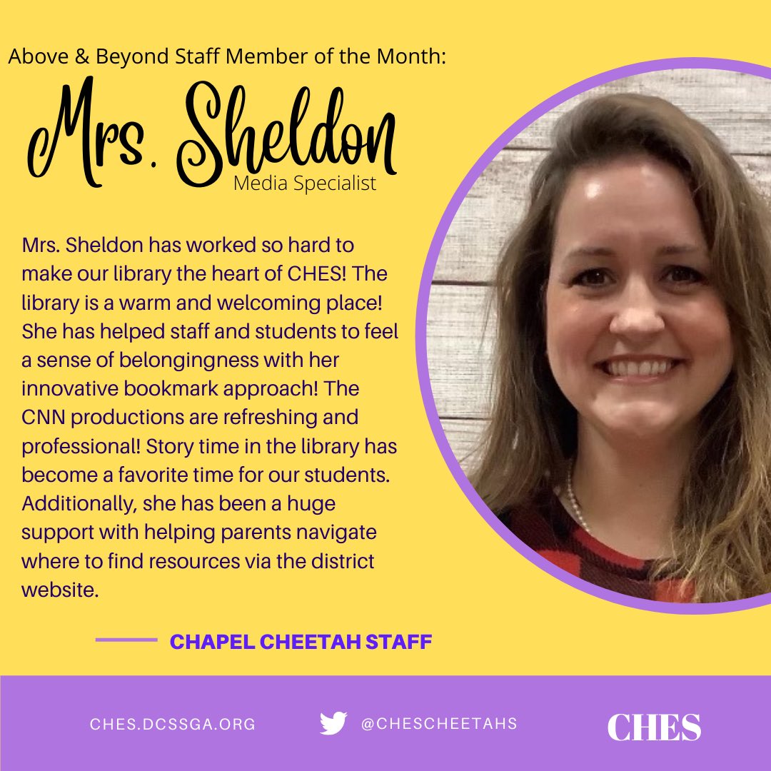 We are so proud to celebrate our Cheetahs this week!! Our staff member for the month of August is Mrs. Sheldon! Thank you for going above and beyond to make CHES the best!!
