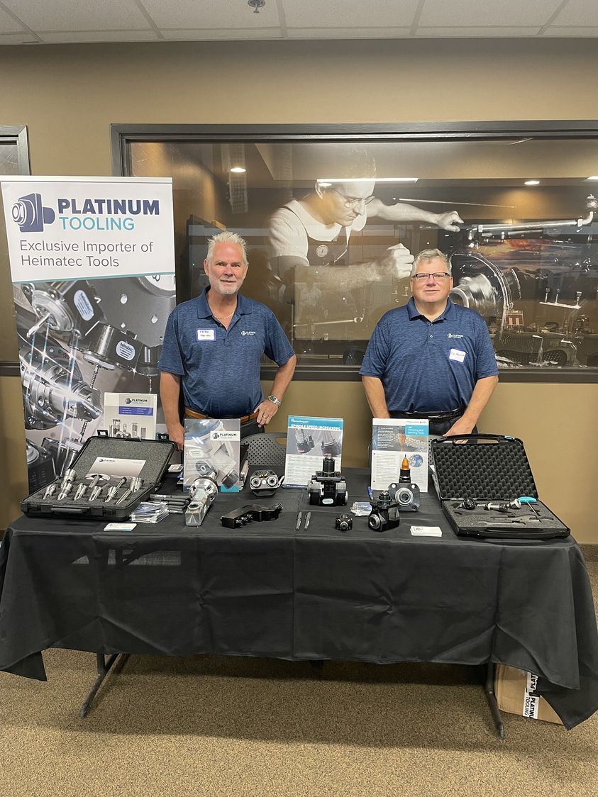 PlatinumTooling's tweet image. It's our second day at the Open House hosted by Dynamic Machine in Detroit, Michigan. Preben is exhibiting with our sales representative, Tim Barrett. Come see our #livetools #angleheads, #multispindle tools and other products. 
#PlatinumTooling #Heimatec #machinetools #machining