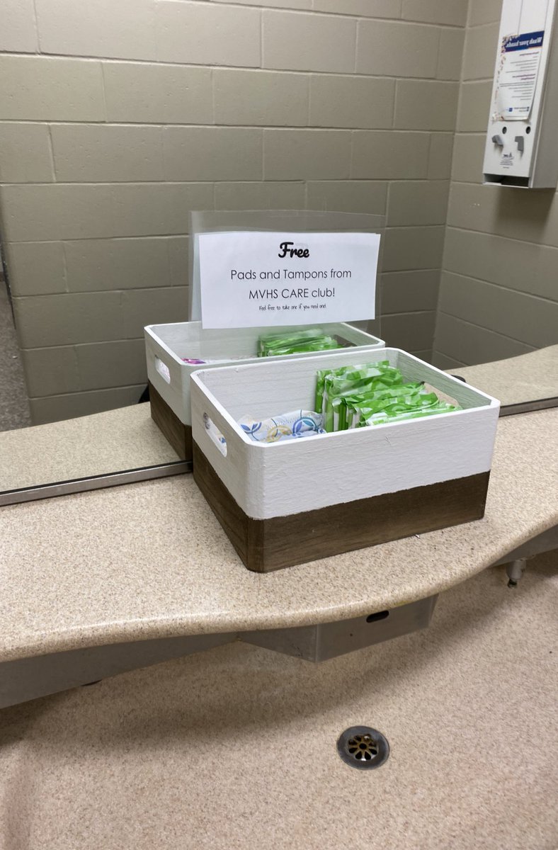mvhsCARE's tweet photo. Pads and tampons are officially in the girls bathrooms at MVHS!!! We hope to expand this necessity to the middle school as well. Thank you to everyone who supported us and made this possible! https://t.co/mmhJ2ZmfDo
