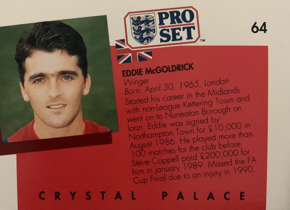 daily_set's tweet photo. Final, a man who knows how to rock a ‘tash. Eddie played 147 league games for @CPFC scoring 11 times. He made the @FAIreland squad for USA ‘94 while at @Arsenal but didn’t get on the pitch. He returned to Palace in 2013 in a coaching role. #ProSet #ProSetDaily #crystalpalaceFC https://t.co/4dDsr3MgVo