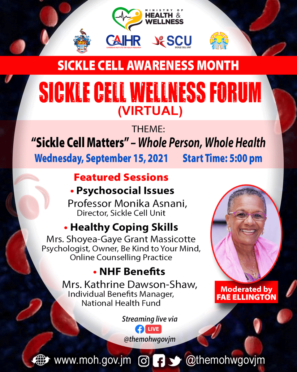 #SickleCellAwarenessMonth continues with the first in a series of public (virtual) events- the SICKLE CELL WELLNESS FORUM- today at 5PM.

Moderated by @FaeEllington
Join us live on Facebook

@christufton @julietsamantha
@sicklecellunitja @CAIHRJa @NHFJamaica