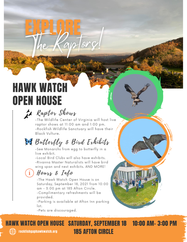 The Hawk Watch Open House is a great opportunity to see birds of prey up close. It's this Saturday at 185 Afton Circle, just off Blue Ridge Parkway and Skyline Drive. #ShenandoahValley virginia.org/event/8th-annu…