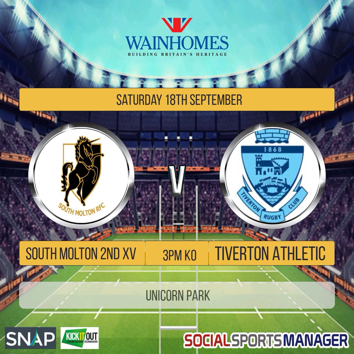 Saturday 18th September, see's both teams in action. 

1st
🆚️ New Cross 
📍 Five Lanes Pitch, TQ12 3PB
🕒 3pm

2nd 
🆚️ Tiverton Athletic 
📍Unicorn Park, EX36 3LH 
🕒 3pm