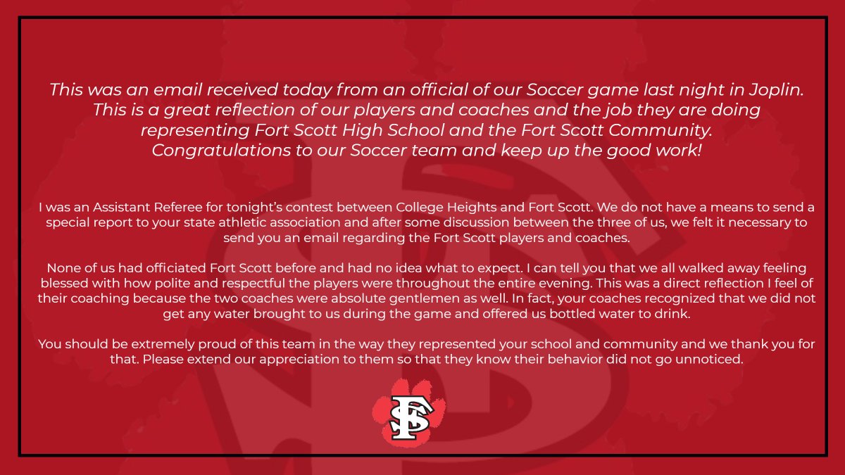 Received a nice note today about our Soccer team and their game last night.  Very proud of these guys and all our teams and coaches!