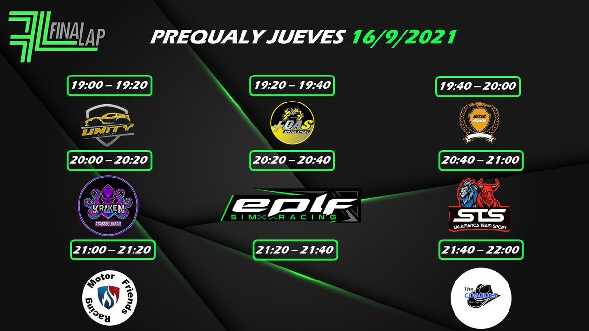 (⏱️) Día 4⃣ de PreQ

(🏆) 3ª Edición #FinaLapGT

Equipos:
@Uniity_eSport 
<a href="/MotorsportDas/">DAS Motorsport | #beDAS</a> 
<a href="/HiTEC_eSports/">HiTEC eSports</a> 
<a href="/KrakenStainsGT/">Kraken Stains GT</a> 
<a href="/EPLFSimracing/">EPLF Simracing</a> 
@salamanca_sport 
<a href="/EscuderiaMfr/">Escuderia Motor Friends Racing</a> 

(☘️) Último día para marcar tiempos!! Suerte!

<a href="/Thunder_Clothes/">Thunder Clothing</a> <a href="/iovaluetech/">IOVALUE TECH</a> 

#esports #Simracing