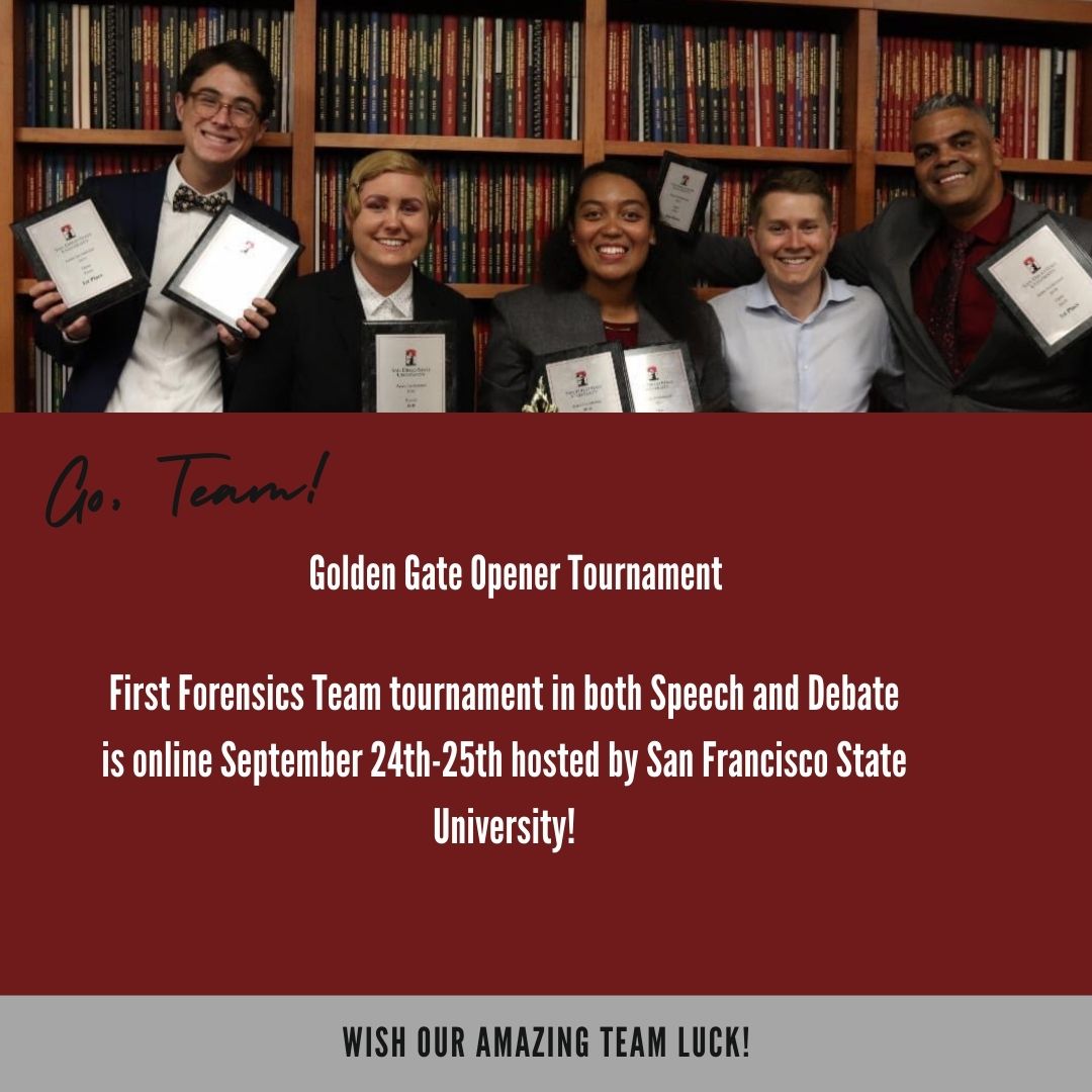 SDSU_Comm's tweet image. First Forensics team tournament is coming up! This tournament will be held online hosted by San Francisco State University! Five students will be competing and are going to do great. #aztecforensics #sdsucomm
