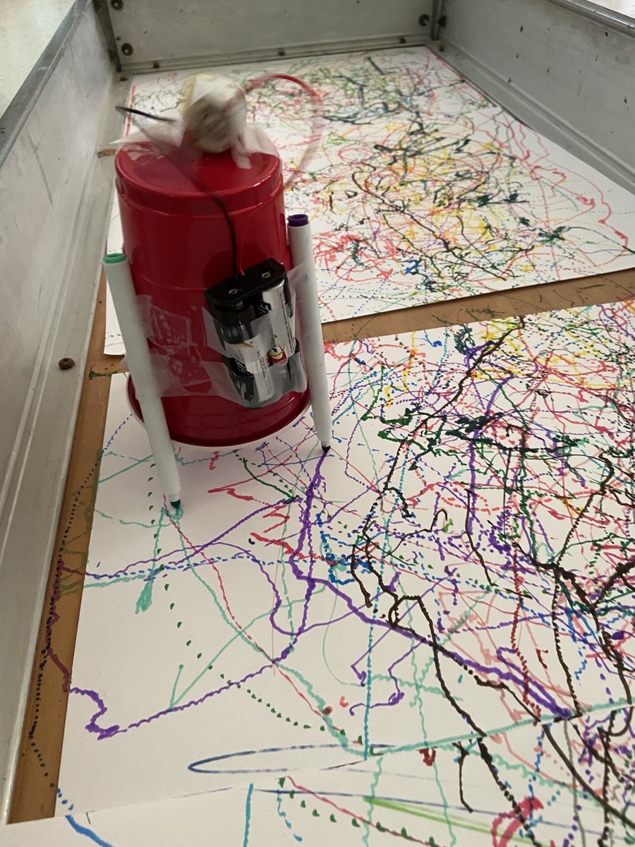 McM_MsT's tweet photo. Drawbots in action, battling for space to make a mark! Great problem solving & patience as students make iterations; kindness as they work thru team frustrations. Our communal mural is looking wonderful!
#MakeYourMark 🖍 #DotDay https://t.co/a1qoMHmfzO