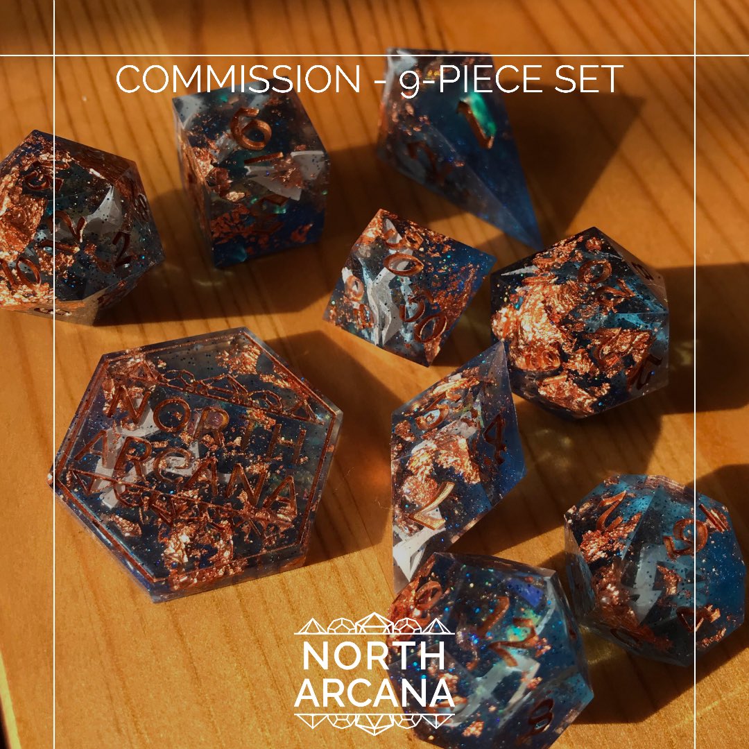 NorthArcana's tweet photo. A recent commission for a repeat customer! It was such a pleasure making this set ⚡️💙✨ #dice #dicemaker #handmadedice #dnd #dnd5e #ttrpg #rpg https://t.co/eM5gph2NFC