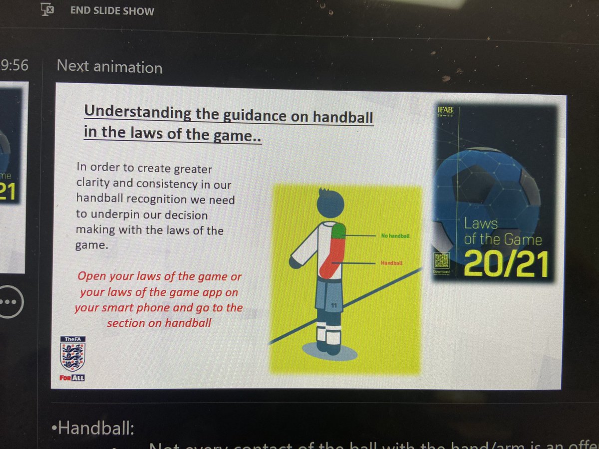 Technical session with group discussions and match incident clips looking at the need for a consistent interpretation and understanding of Handball. 

Some great debate and views shared by the group, with some sound practical guidance by <a href="/AndyHimsworth/">Bororef</a> 👍

#NRCFAREFDEV
