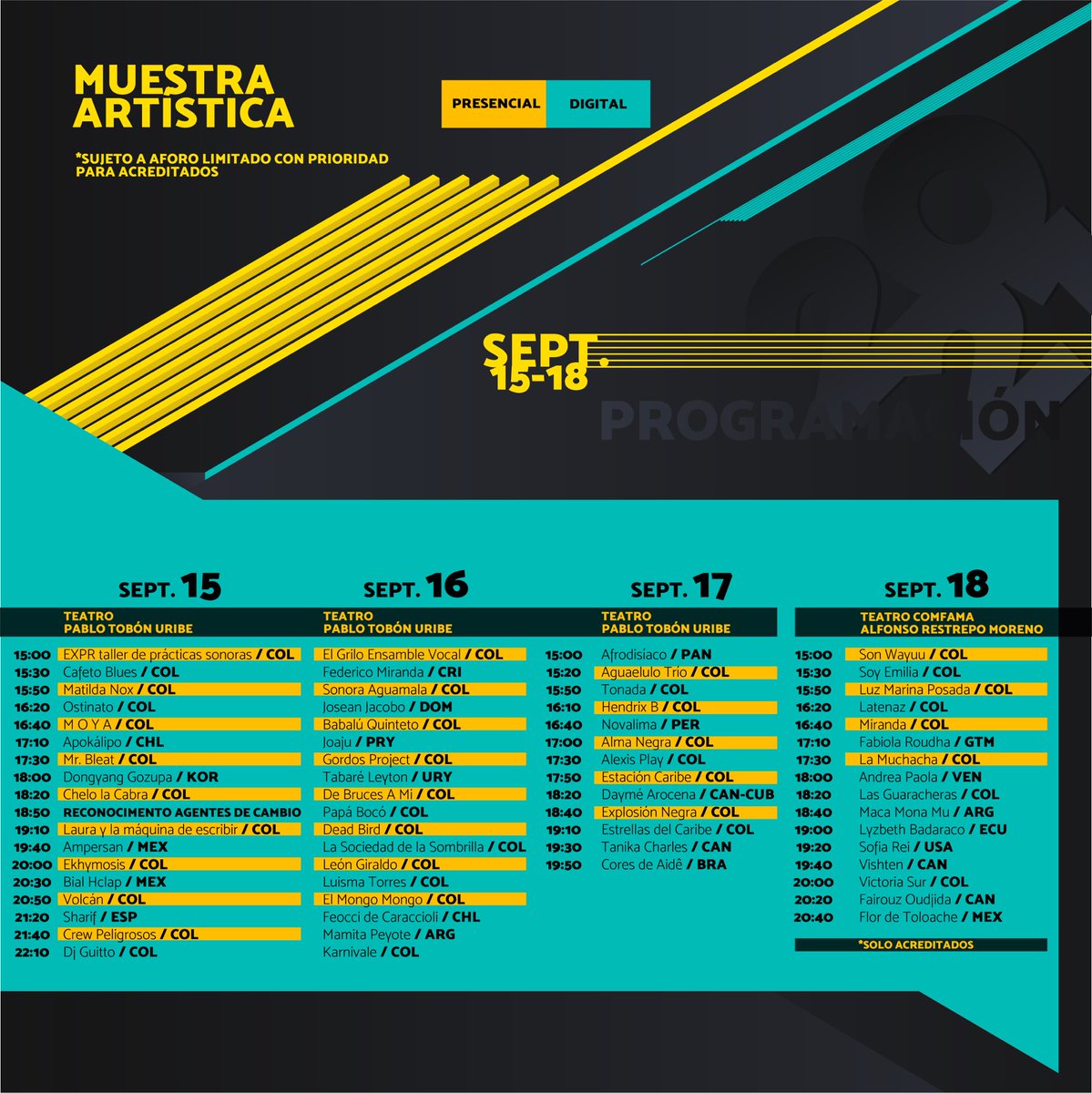 Circulart_'s tweet photo. Estás a tiempo de conectarte con la programación que tenemos para ti. 
Conversaciones digitales y presenciales, Muestras Artísticas que inician en unos minutos, Feria de la música virtual habilitada durante 24 horas 🥳 Encuentro de Negocios y talleres. https://t.co/z5pILFj3Kk