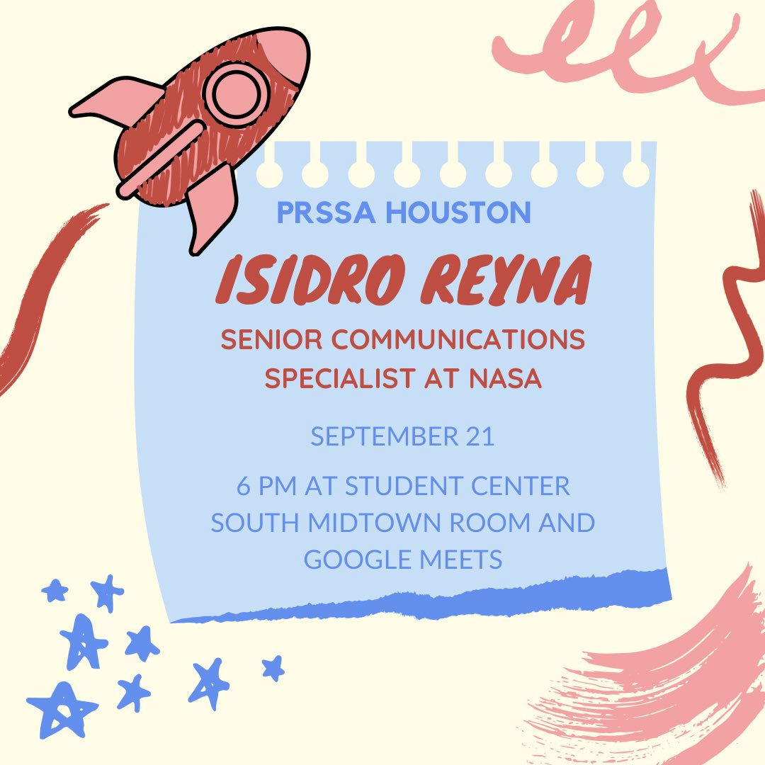PRSSAHouston's tweet photo. We can't wait to see everyone next week at our next guest speaker meeting! Join us on Tuesday, September 21st at 6 p.m. to hear from Isidro Reyna. 🚀

He is a Communications Specialist at NASA, and a UH alumnus that we are lucky enough to have as a professor this year! https://t.co/V9qxQwPmTr