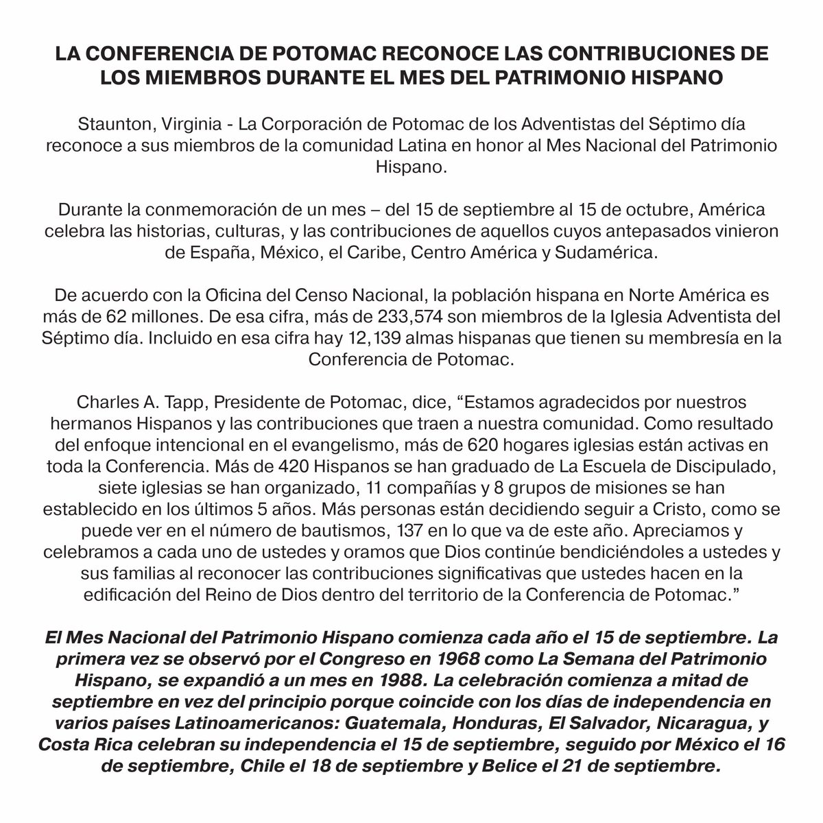 The Potomac Conference wishes to recognize its members from the Latino community in honor of National Hispanic Heritage Month! #PotomacPeople