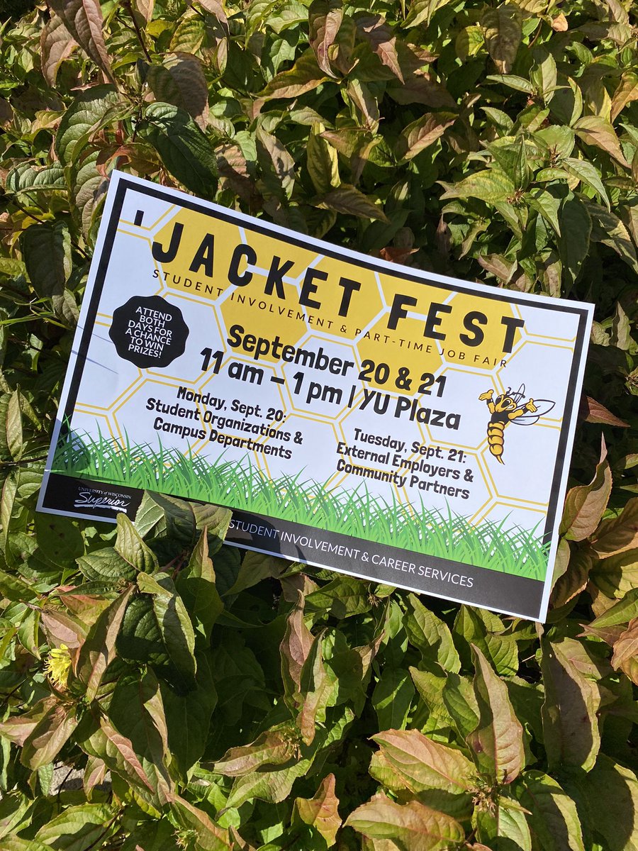 UWSCareers's tweet photo. 5 DAYS til ‘Jacket Fest!! Monday will focus on ways to get involved ON campus and Tuesday will be focused on OFF campus employment/involvement in the Twin Ports community! 🐝

Students: attend BOTH days to be entered to win prizes! 🏆🎁

#uws #uwsuperior #uwscareers #getinvolved https://t.co/Qc3AP5OpEl