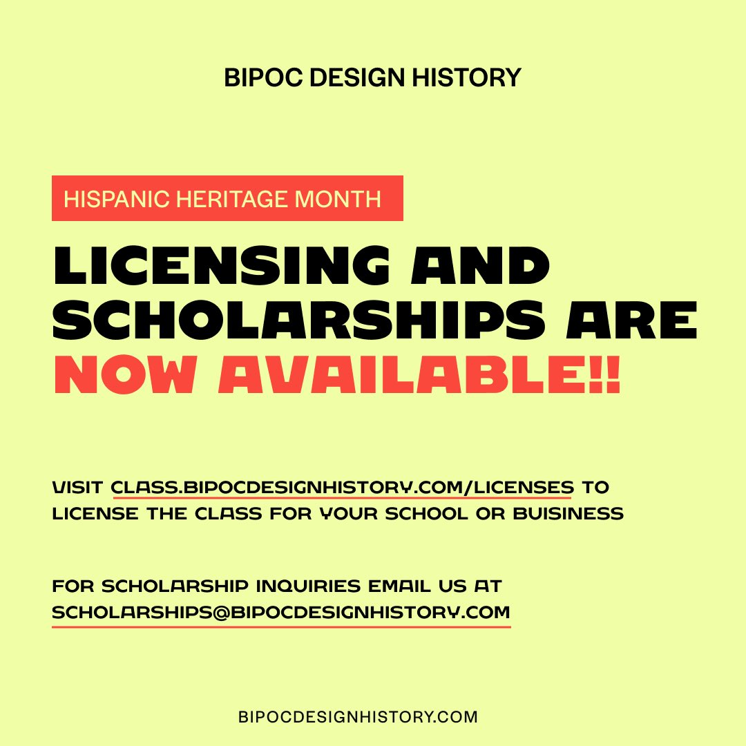 We celebrate National Hispanic Heritage Month

Our first class begins FRIDAY!! 

Visit class.bipocdesignhistory.com/licenses to license the class for your school or business.

For scholarship inquiries email us at scholarships@bipocdesignhistory.com

#bipocdesignhistory #hispanicheritagemonth