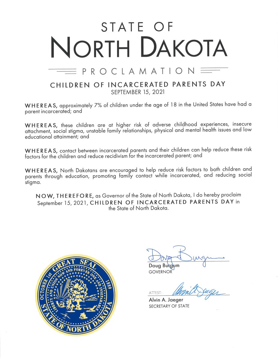 Today is Children of Incarcerated Parents Day in ND. The DOCR has a group of dedicated individuals who work hard to ensure there is support for these children. We want to use this day as a reminder for North Dakotans to help reduce risk factors for both children and parents.