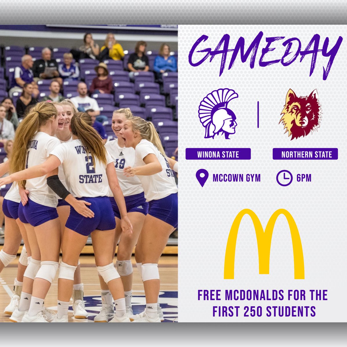 WinonaStateVB's tweet photo. ‼️FREE MCDONALDS‼️
The first 250 students for Friday’s match against Northern State will receive free McDonald’s chicken nuggets! The Warriors will then take on Moorhead for the Saturday afternoon match. Don’t miss the home debut for #WSUVB this weekend! 😈🏐 https://t.co/C2e3Pdrh5R