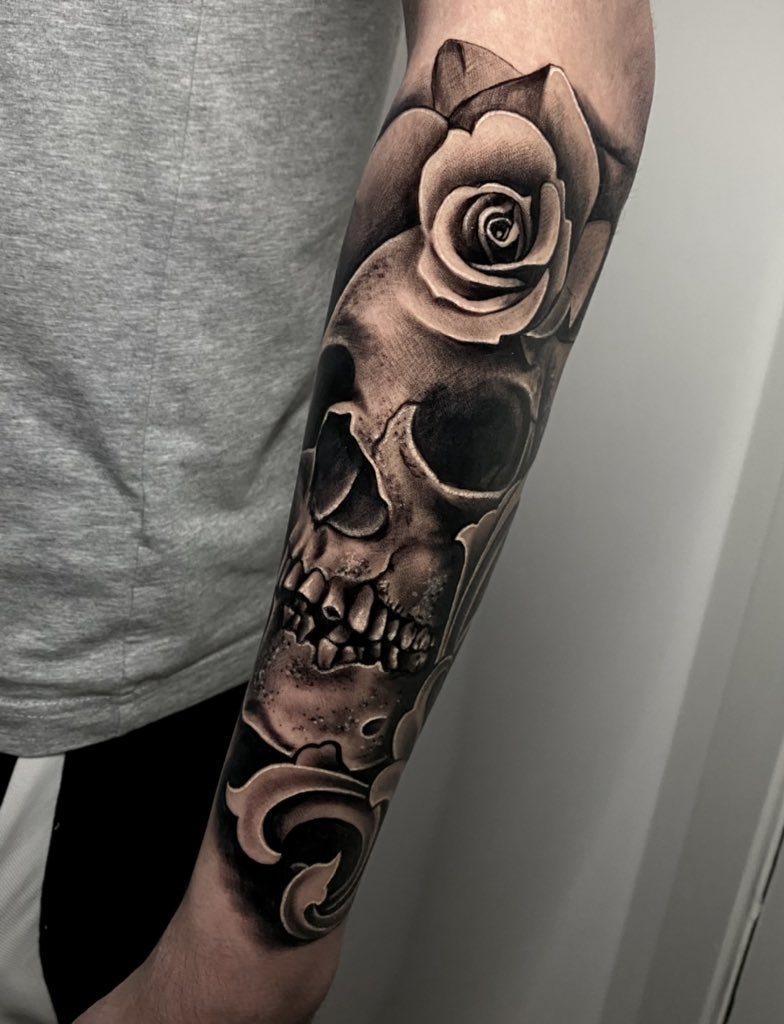 skull and roses tattoo sleeve