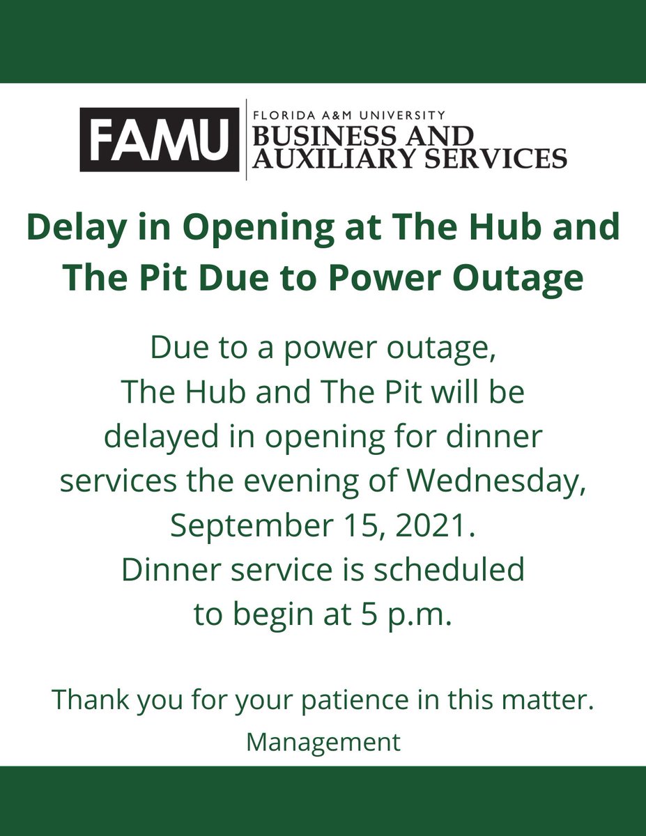 Due to a power outage, The Hub and The Pit will open for dinner services at 5 p.m. on Wednesday, September 15, 2021. Thank you for your patience in this matter.