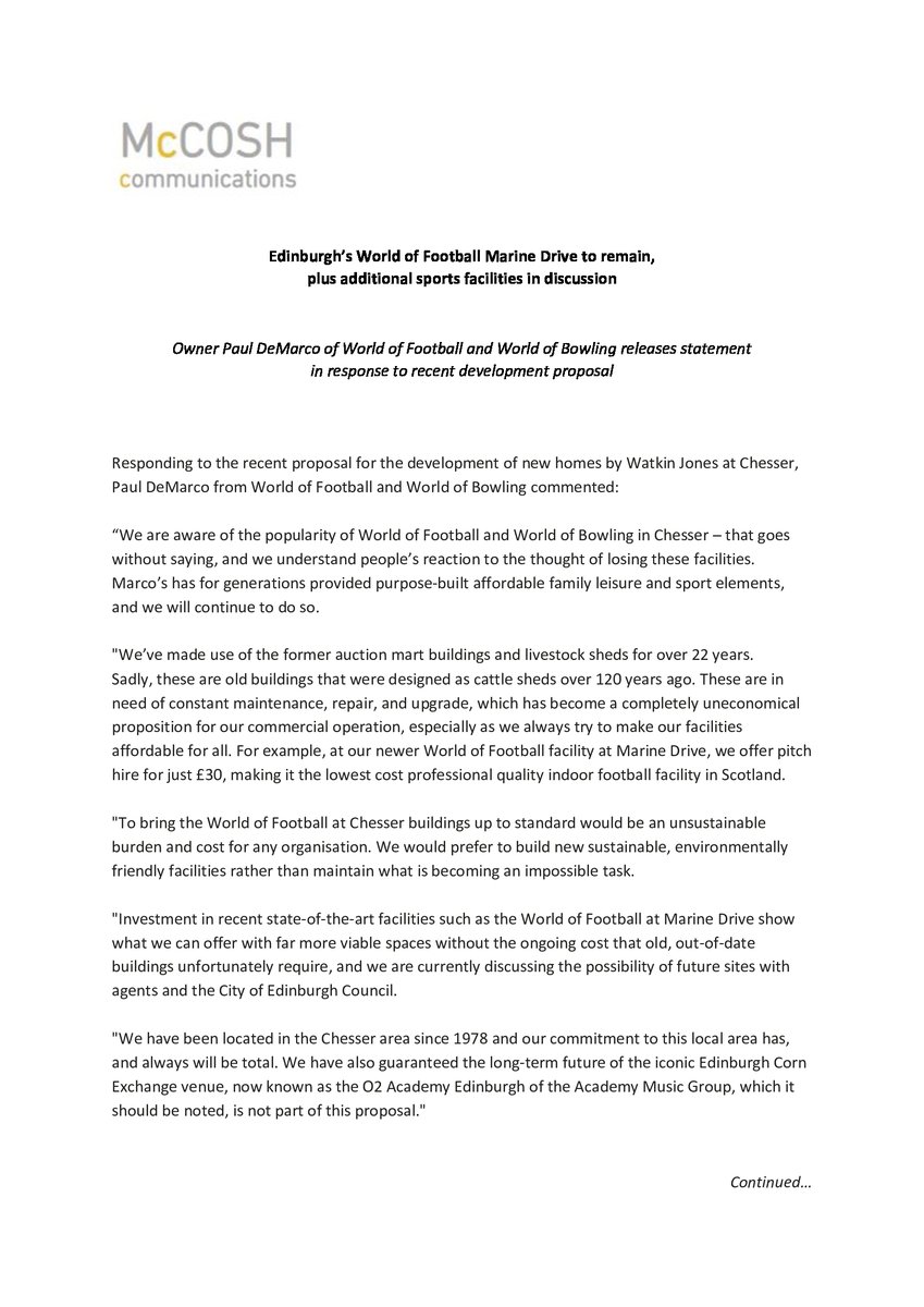 HutchChesserCC's tweet photo. Following on from the the development proposal for the site of Edinburgh's World of Football and Bowling at Chesser, and the petition to save it (which has gained almost 7,500 signatures), owner Paul DeMarco has released this statement via McCosh Communications. https://t.co/tE5h7OwZPT