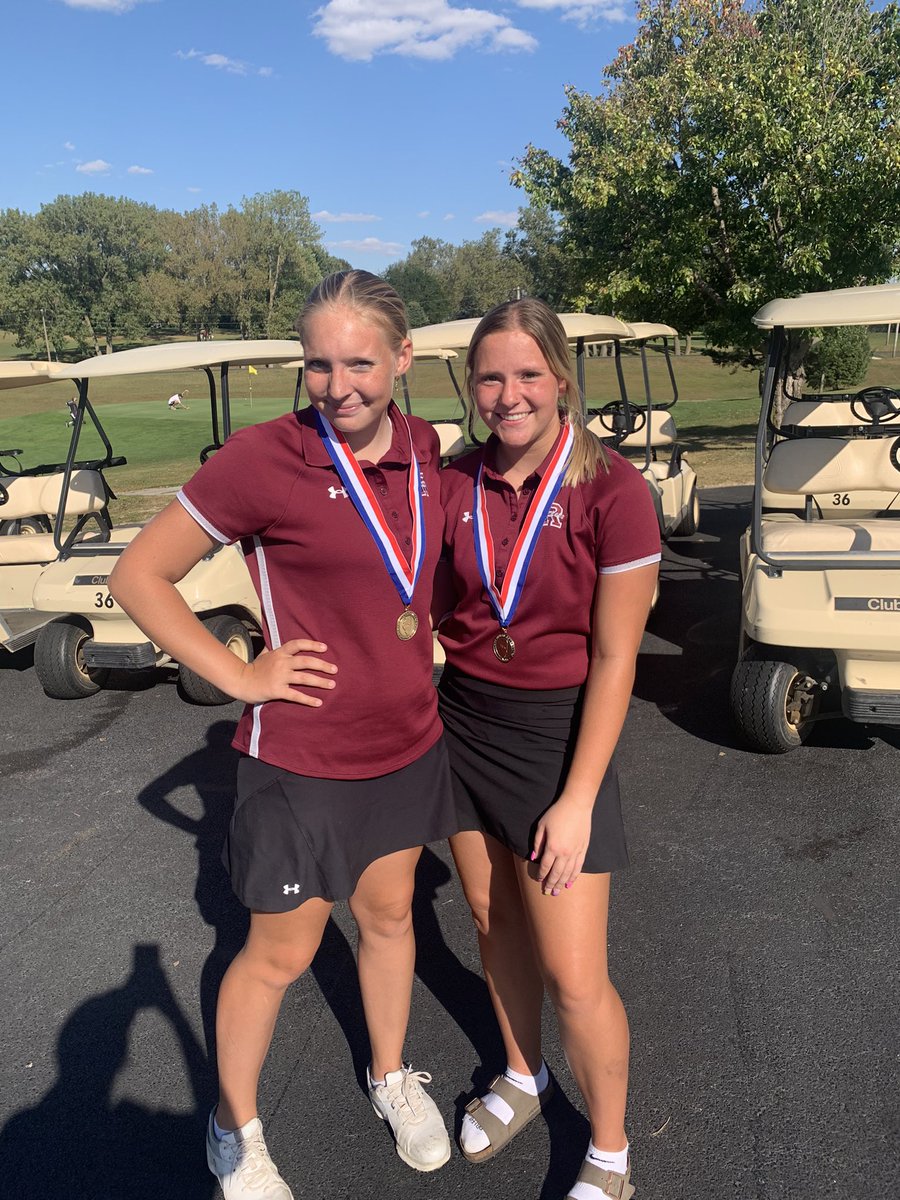 GolfRockridge's tweet photo. Rockridge Girls Golf wins Conference with a 392. 1st team all conference Lillian Dehner-4th and Emma Slattery- 6th. 2nd team all conference Amelia Rursch- 11th, Hannah Graves-13th, Neva Graves-17th, and  Victoria Batey-19th. https://t.co/UCAFmSvFOH