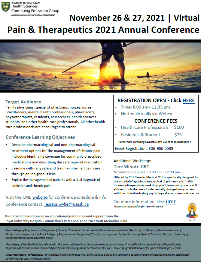 SaskPain's tweet photo. Registration for the Virtual Pain & Therapeutics 2021 Annual Conference is now open!
More info below, and registration is available here: https://t.co/5KXr6J5a21
#Sask #SaskPain #IPSK #PainCare #PainManagement #PainConference #Saskatchewan https://t.co/nHrX2G4qN2